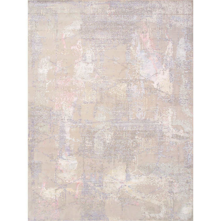 Gray and Beige Hand-Knotted Wool Silk Abstract Rug