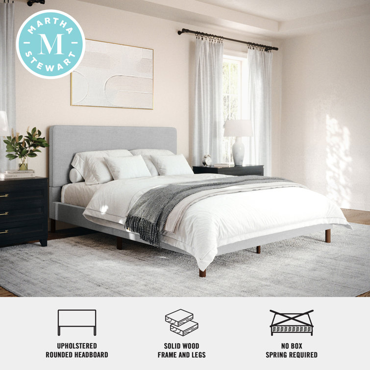 Gray Queen Upholstered Platform Bed with Linen Headboard
