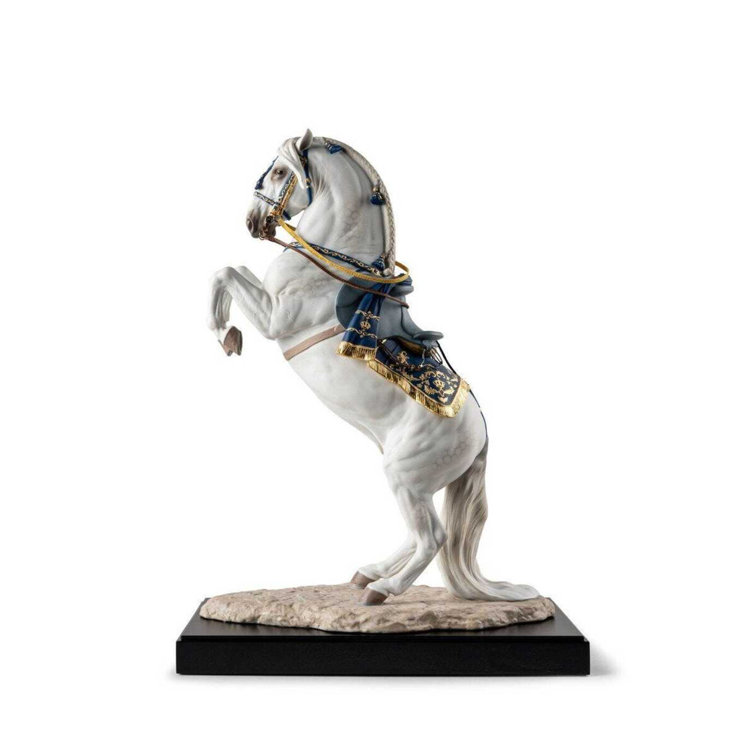 Handcrafted White and Blue Metal Horse Statue with Gold Accents