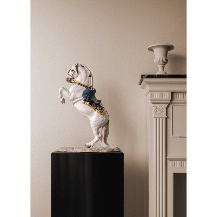 Handcrafted White and Blue Metal Horse Statue with Gold Accents