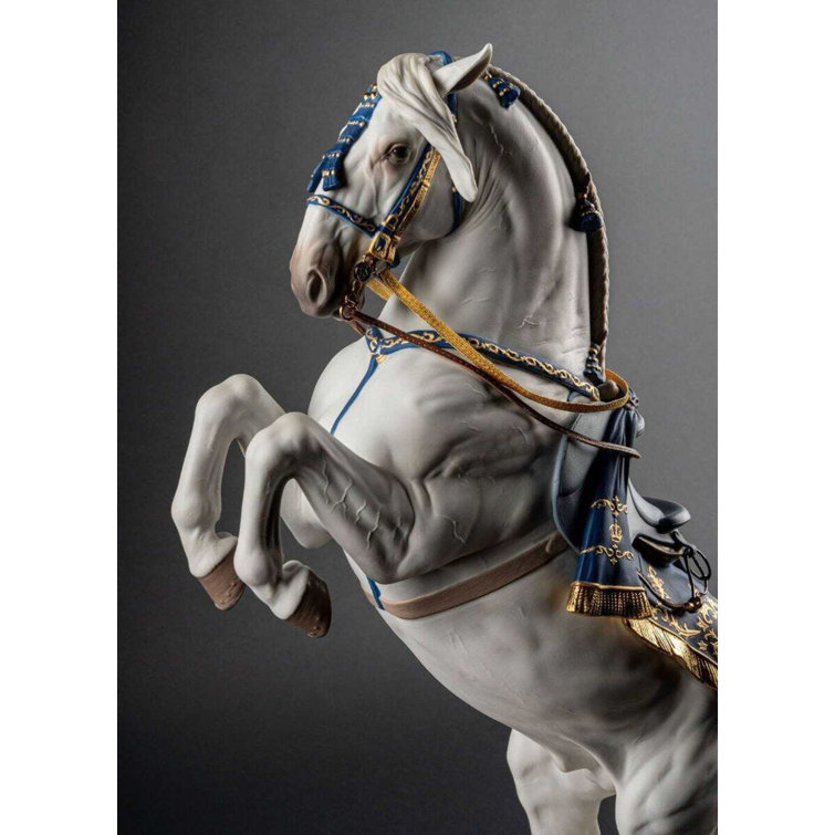 Handcrafted White and Blue Metal Horse Statue with Gold Accents