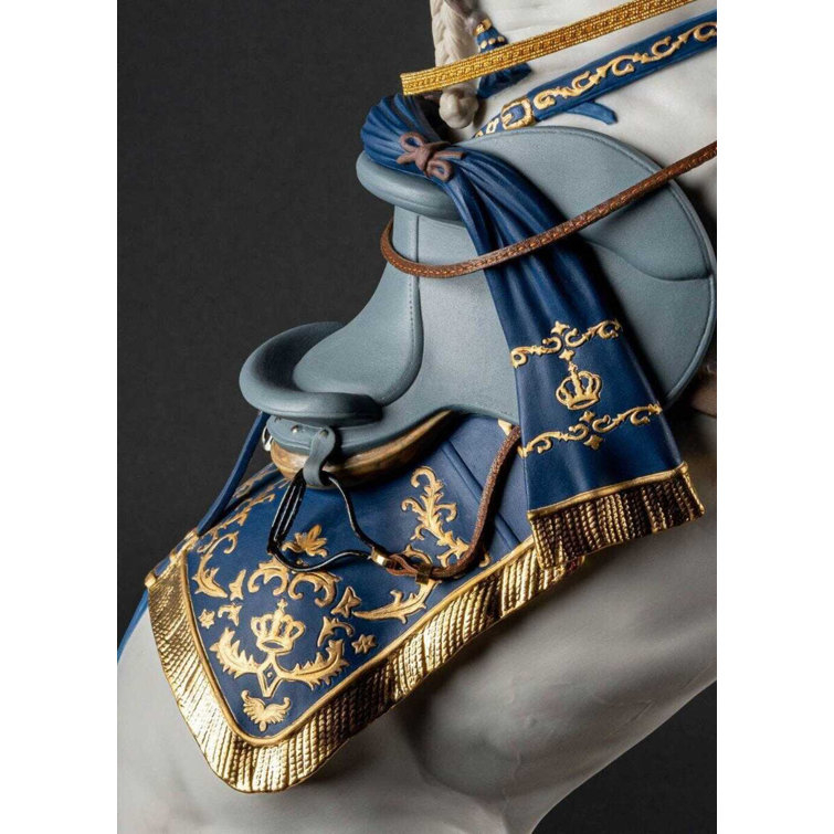 Handcrafted White and Blue Metal Horse Statue with Gold Accents