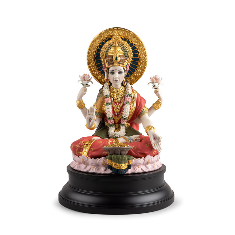 Handmade Porcelain Goddess Lakshmi Sculpture with Golden Accents