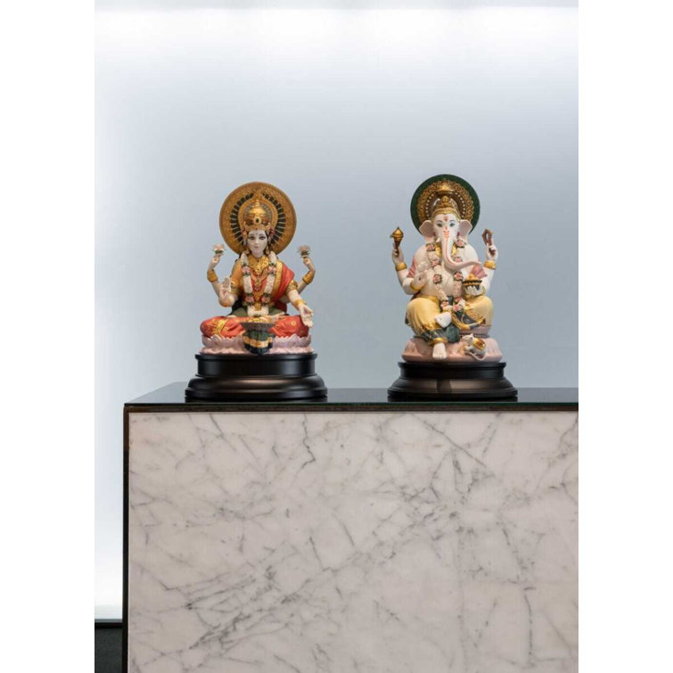 Handmade Porcelain Goddess Lakshmi Sculpture with Golden Accents