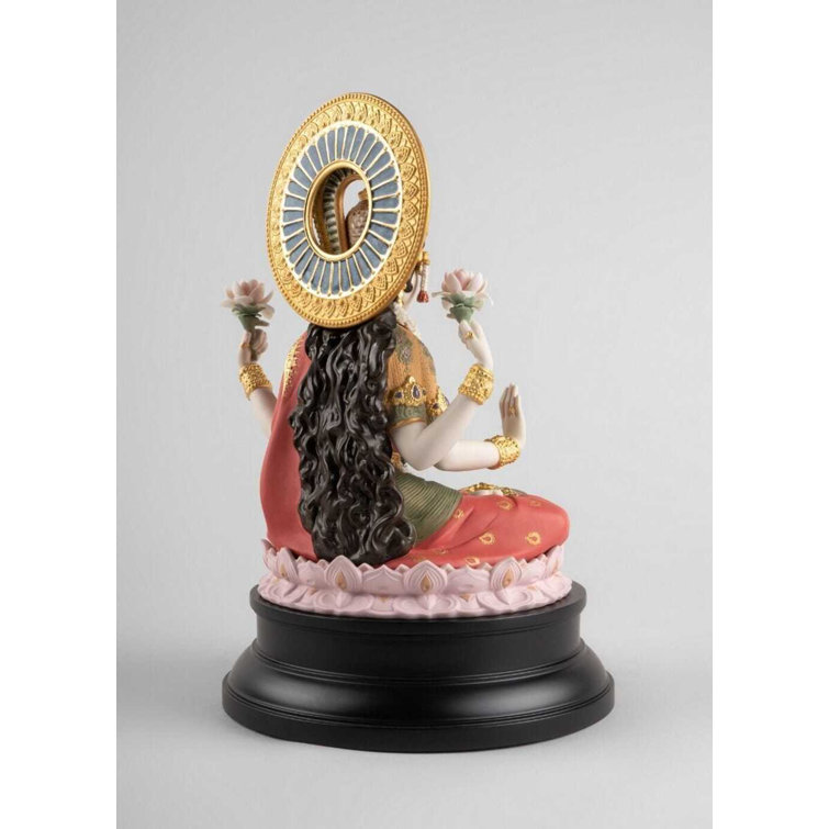 Handmade Porcelain Goddess Lakshmi Sculpture with Golden Accents