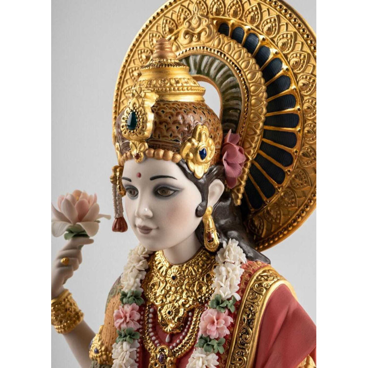 Handmade Porcelain Goddess Lakshmi Sculpture with Golden Accents