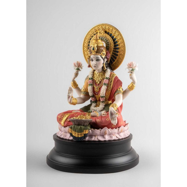 Handmade Porcelain Goddess Lakshmi Sculpture with Golden Accents