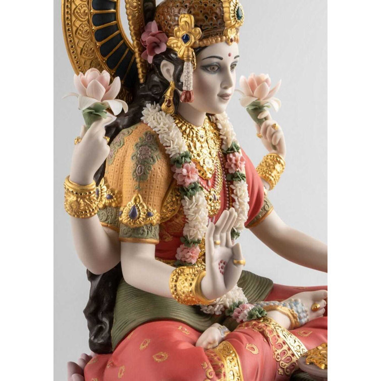 Handmade Porcelain Goddess Lakshmi Sculpture with Golden Accents