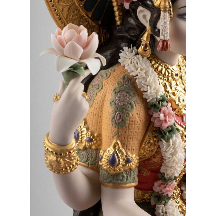Handmade Porcelain Goddess Lakshmi Sculpture with Golden Accents