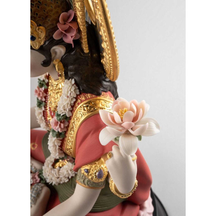 Handmade Porcelain Goddess Lakshmi Sculpture with Golden Accents