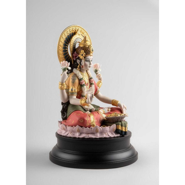 Handmade Porcelain Goddess Lakshmi Sculpture with Golden Accents