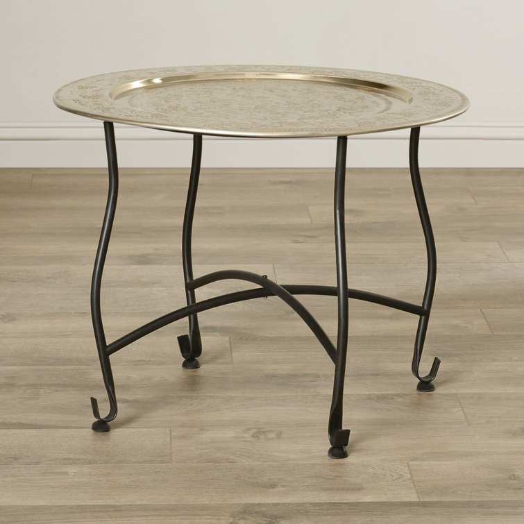 Moroccan Vineyard-Inspired Round Aluminum Tray Table in Silver and Black