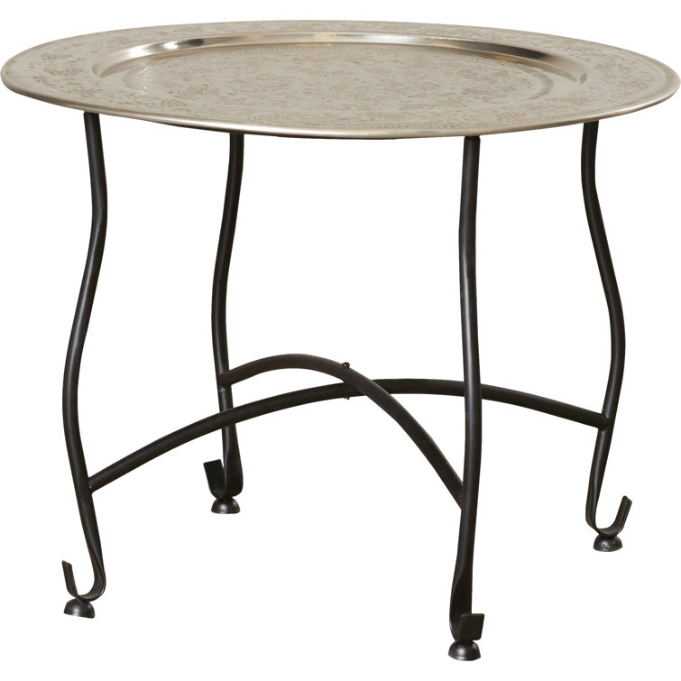 Moroccan Vineyard-Inspired Round Aluminum Tray Table in Silver and Black