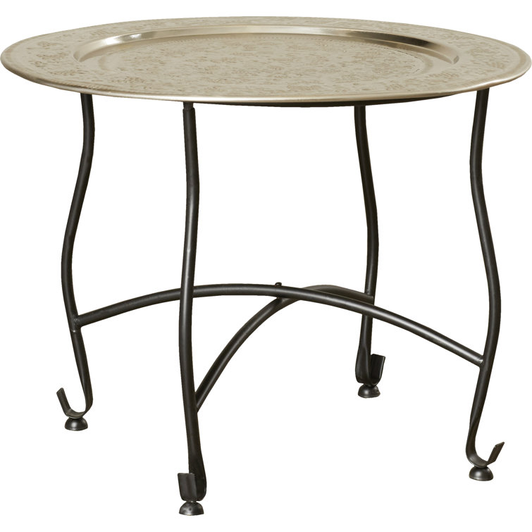 Moroccan Vineyard-Inspired Round Aluminum Tray Table in Silver and Black