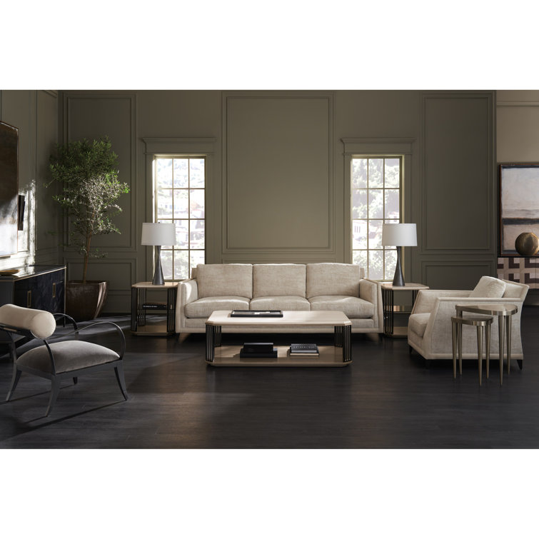 Beige Fabric Stationary Sofa with Down Fill Cushions and Wood Frame