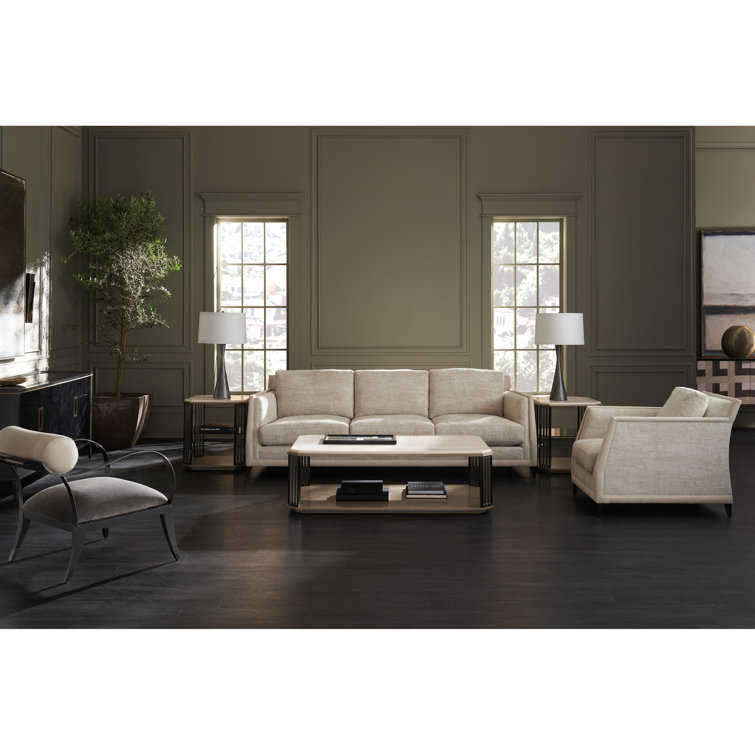 Beige Fabric Stationary Sofa with Down Fill Cushions and Wood Frame