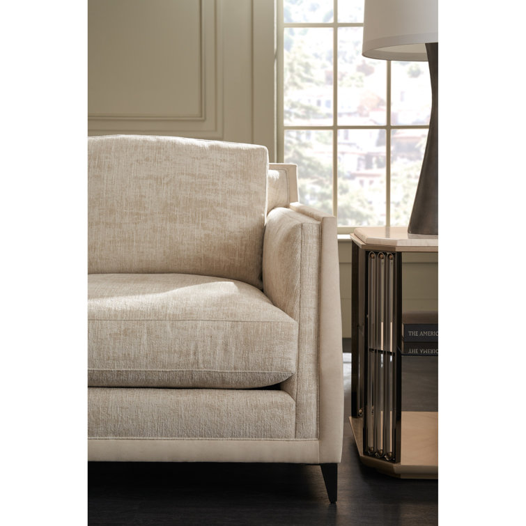 Beige Fabric Stationary Sofa with Down Fill Cushions and Wood Frame