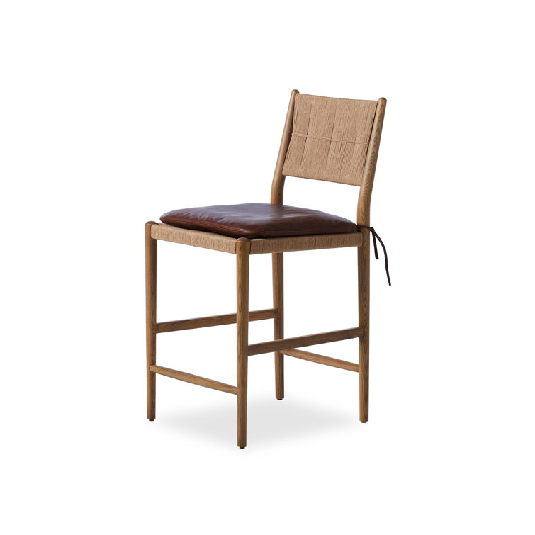 Mahogany Leather Counter Stool with Natural Wood Frame