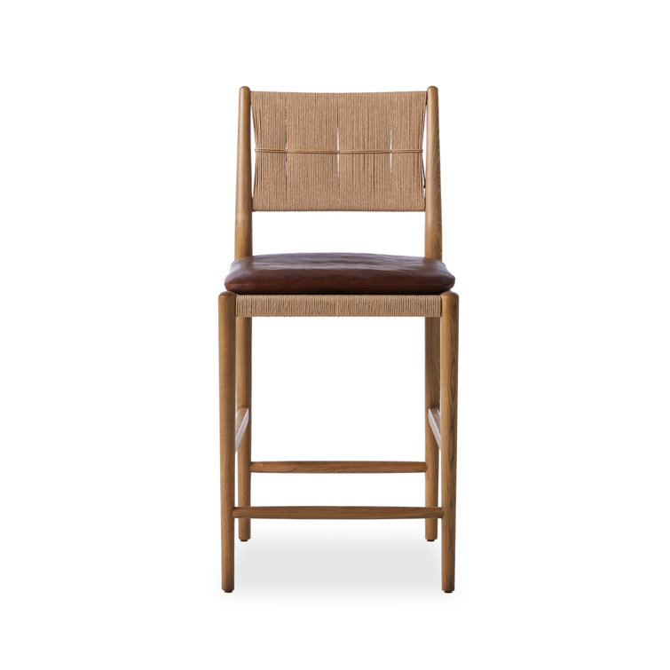 Mahogany Leather Counter Stool with Natural Wood Frame