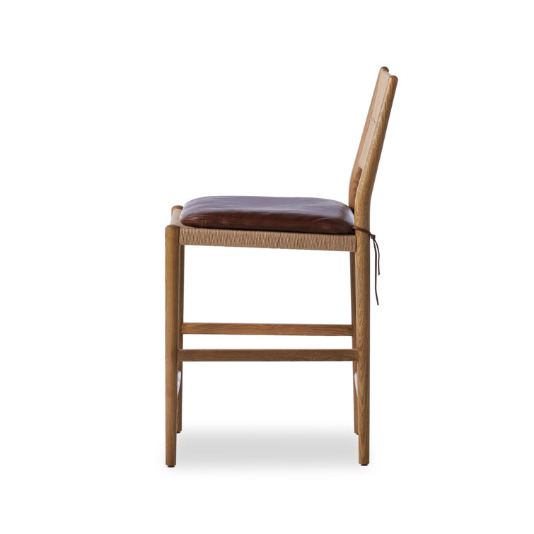 Mahogany Leather Counter Stool with Natural Wood Frame