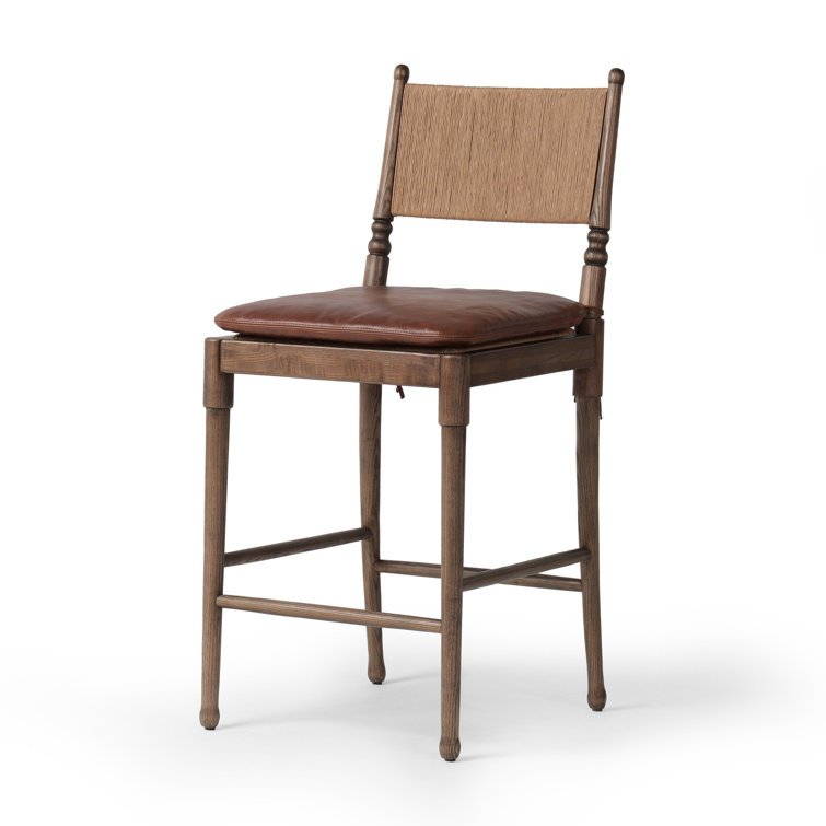Mahogany Leather and Wood Counter Stool with Woven Back