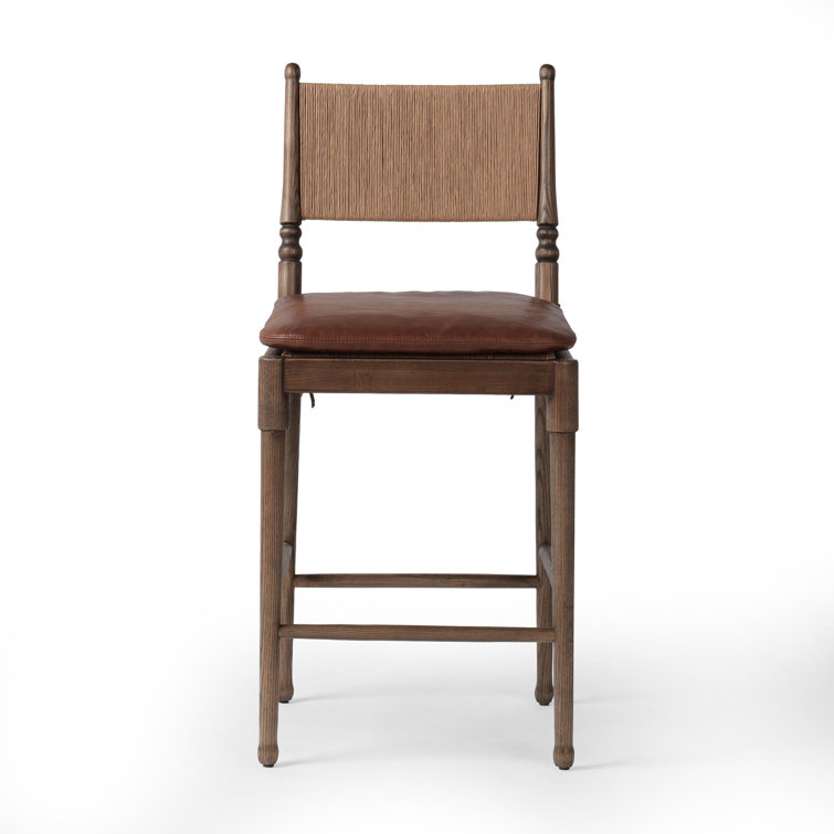 Mahogany Leather and Wood Counter Stool with Woven Back