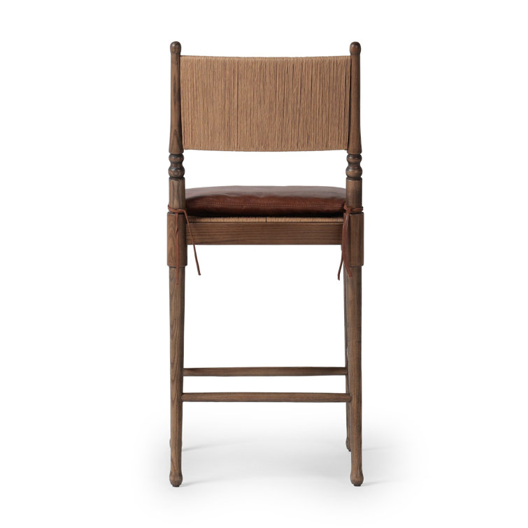 Mahogany Leather and Wood Counter Stool with Woven Back
