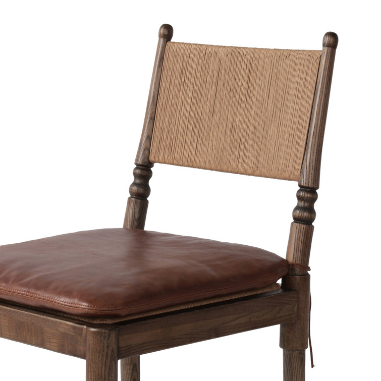 Mahogany Leather and Wood Counter Stool with Woven Back