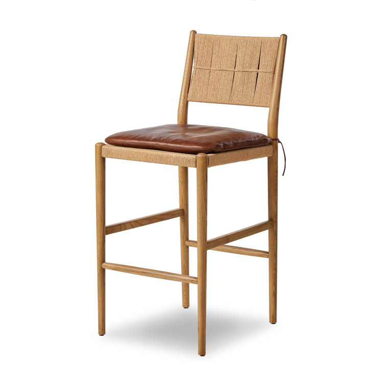 Mahogany Leather and Wood Bar Stool with Natural Frame
