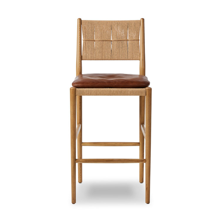 Mahogany Leather and Wood Bar Stool with Natural Frame