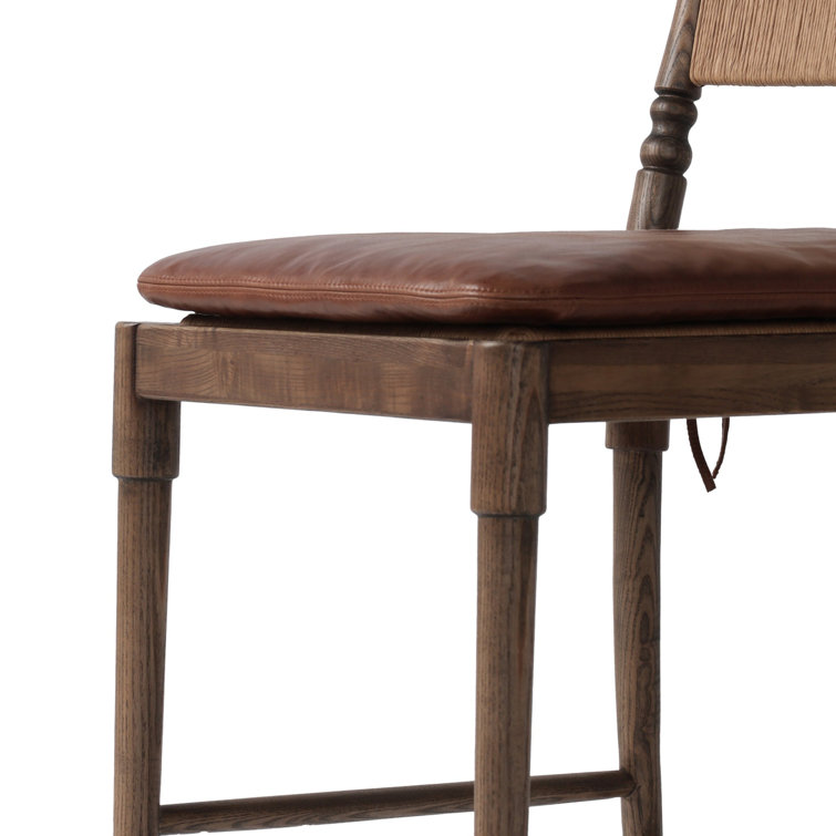 Mahogany Leather and Wood Counter Stool with Woven Back