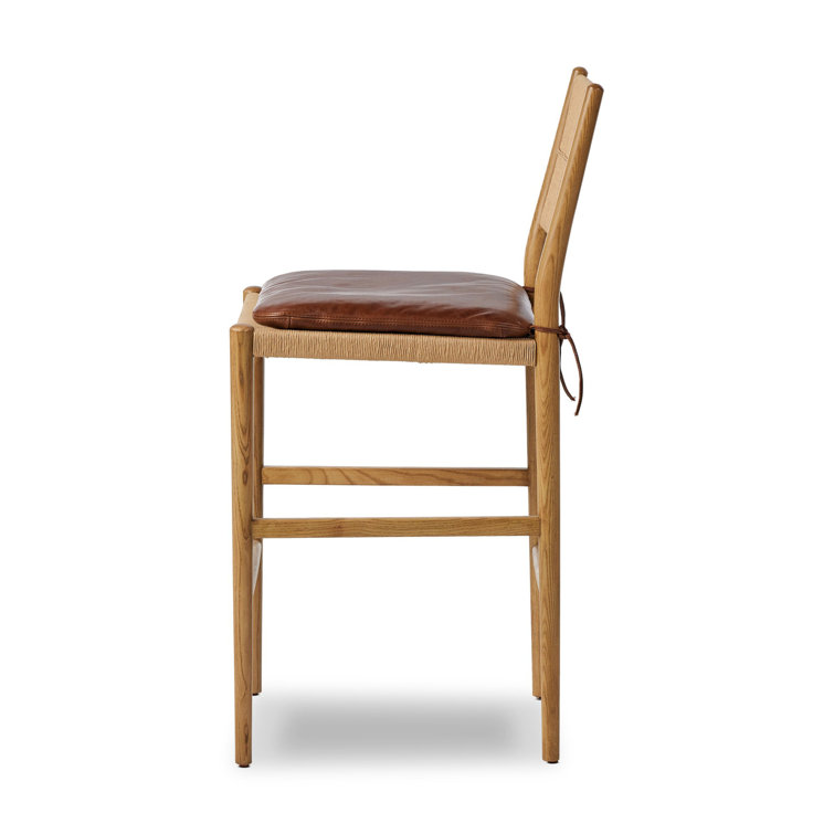 Mahogany Leather and Wood Bar Stool with Natural Frame