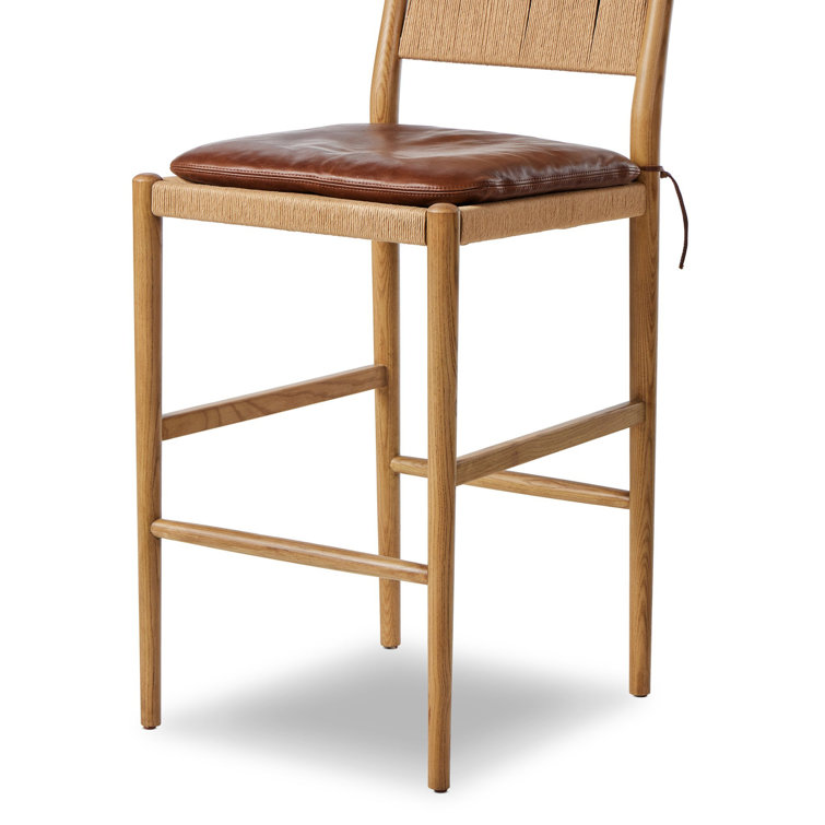 Mahogany Leather and Wood Bar Stool with Natural Frame