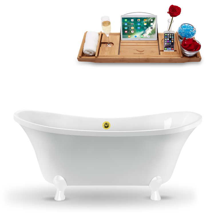 60" Glossy White Acrylic Clawfoot Bathtub with Polished Gold Drain
