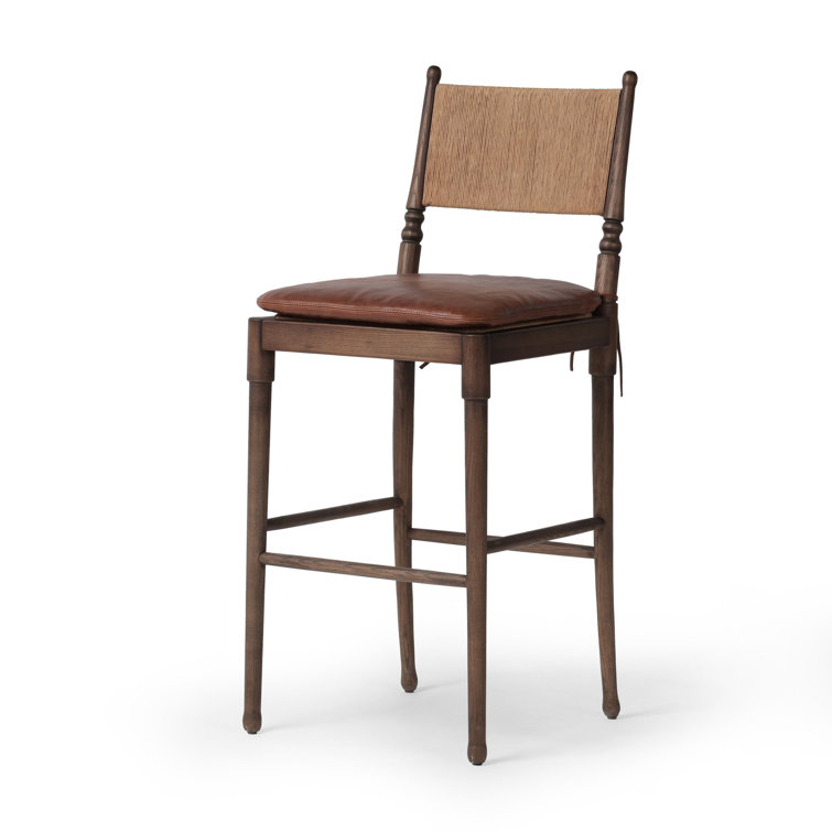 Mahogany Leather and Wood Bar Stool with Woven Back