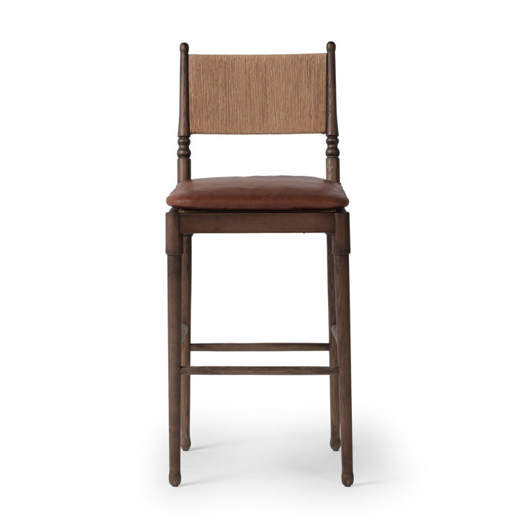 Mahogany Leather and Wood Bar Stool with Woven Back