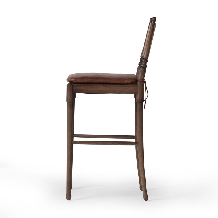 Mahogany Leather and Wood Bar Stool with Woven Back
