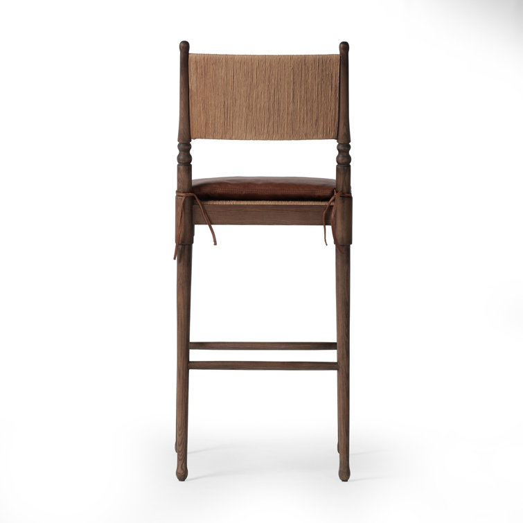 Mahogany Leather and Wood Bar Stool with Woven Back