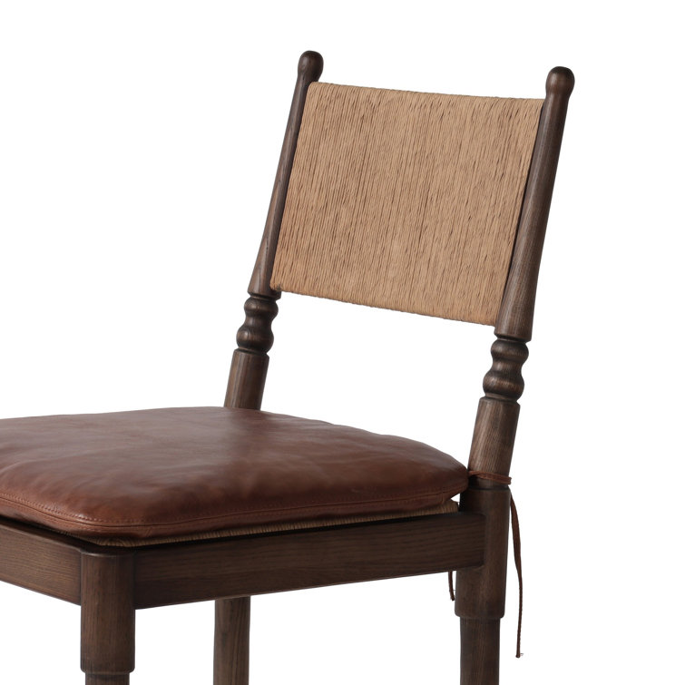 Mahogany Leather and Wood Bar Stool with Woven Back