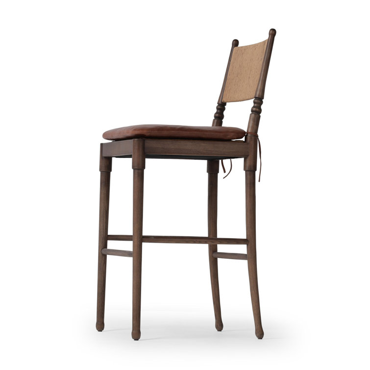 Mahogany Leather and Wood Bar Stool with Woven Back