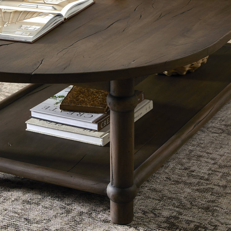 Antique Belgium Bleach Oval Wood Coffee Table with Shelf