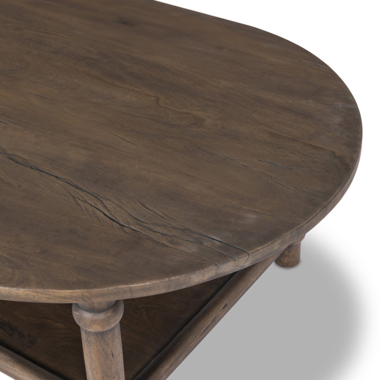Antique Belgium Bleach Oval Wood Coffee Table with Shelf