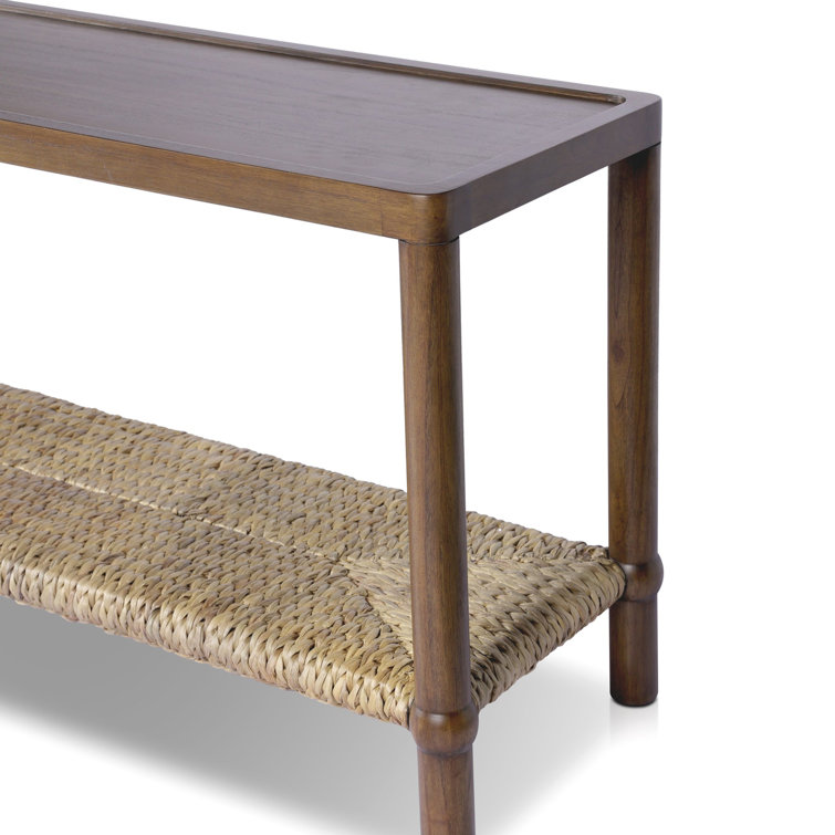 Brown Wood and Metal Console Table with Woven Shelf