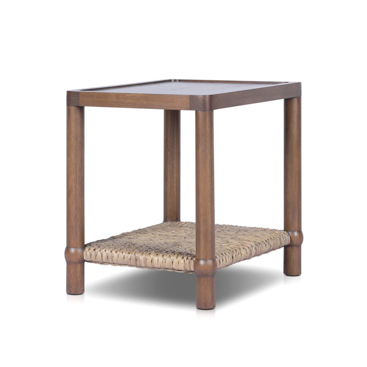 Gabriella Brown Rectangular Wood Side Table with Woven Shelf
