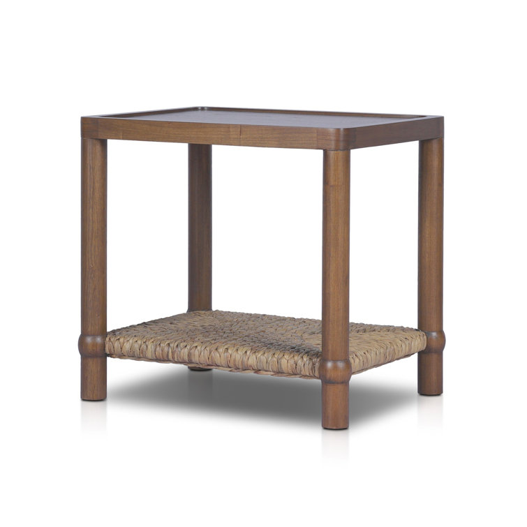 Gabriella Brown Rectangular Wood Side Table with Woven Shelf