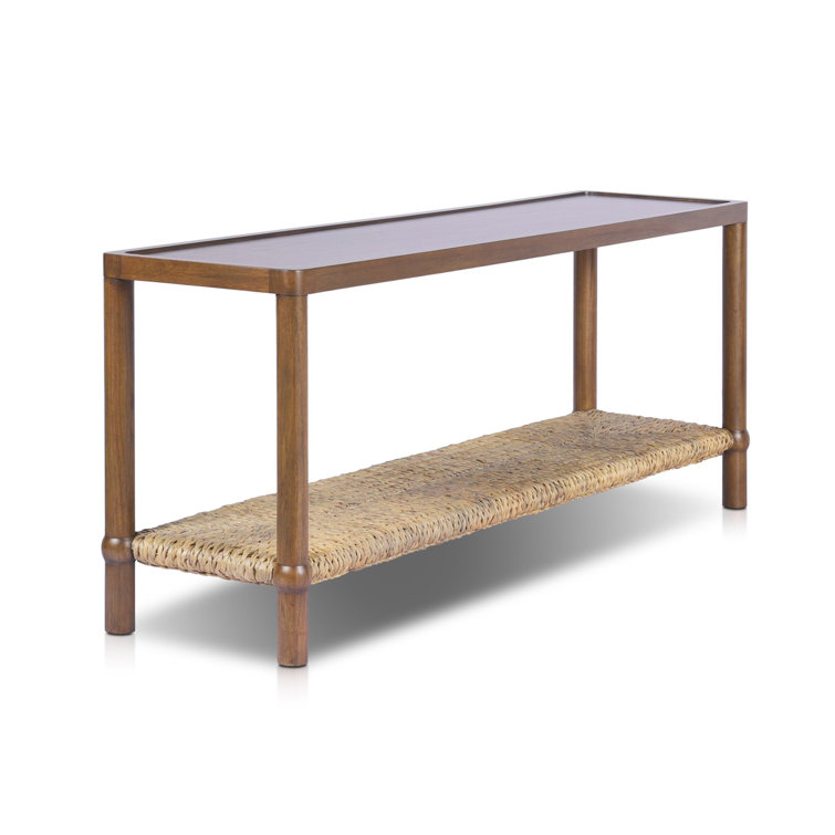 Brown Wood and Metal Console Table with Woven Shelf