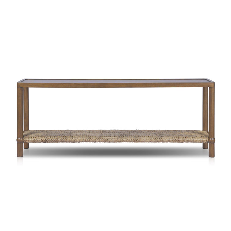 Brown Wood and Metal Console Table with Woven Shelf