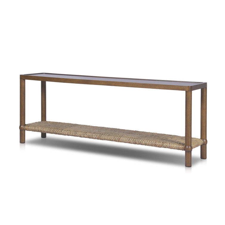 Brown Wood and Metal Console Table with Woven Shelf