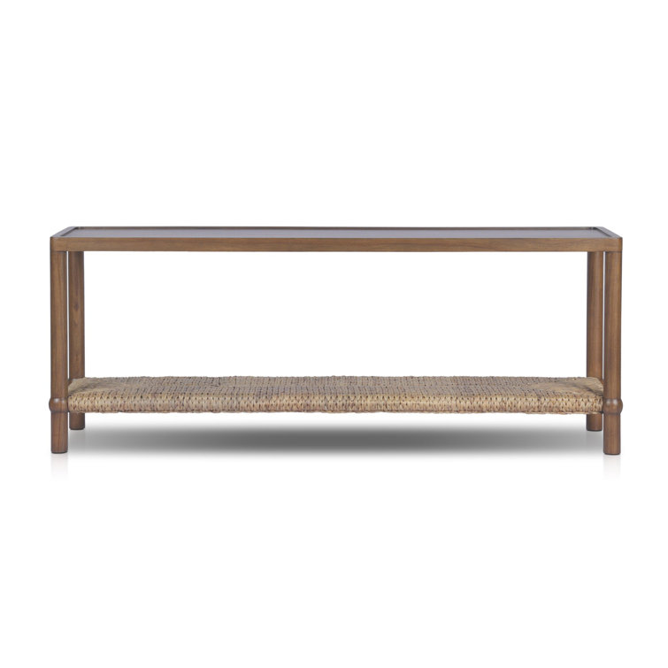 Brown Wood and Metal Console Table with Woven Shelf