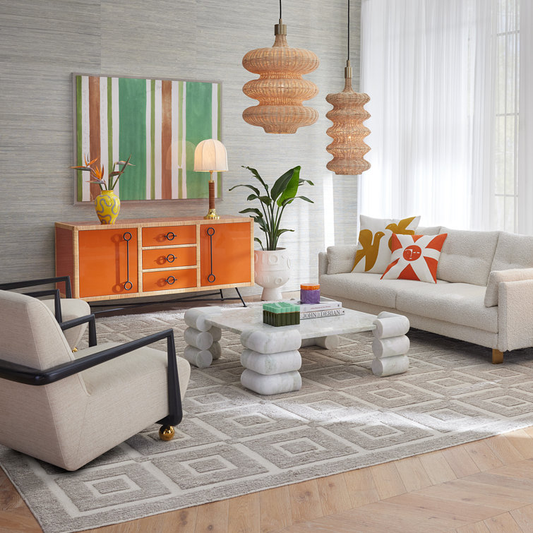 Oversized White Marble Square Coffee Table with Stacked Cylinder Legs
